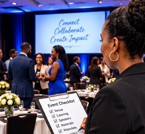 Event planner holding an event checklist at a professional conference reception